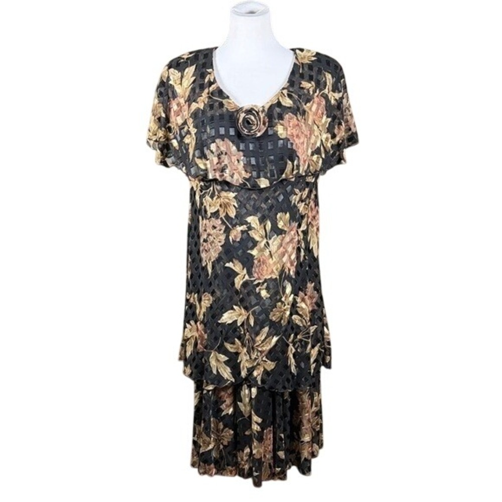 Cattiva Vintage Floral Metallic Tiered Midi‎ Dress Black Gold Bronze Size 16